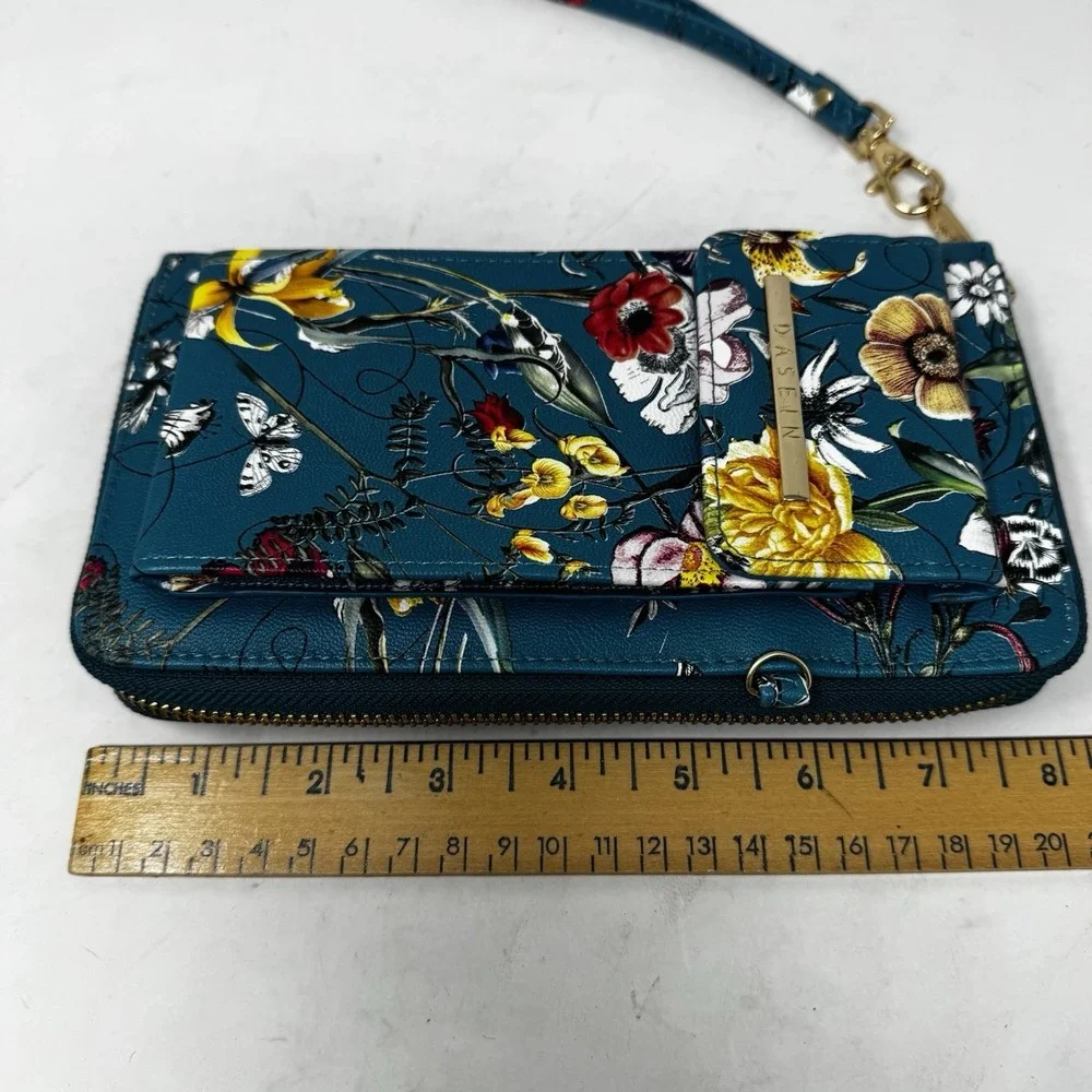 Dasein Floral Wristlet Bag Green Faux Leather Wrist Strap Pebbled Wallet Purse